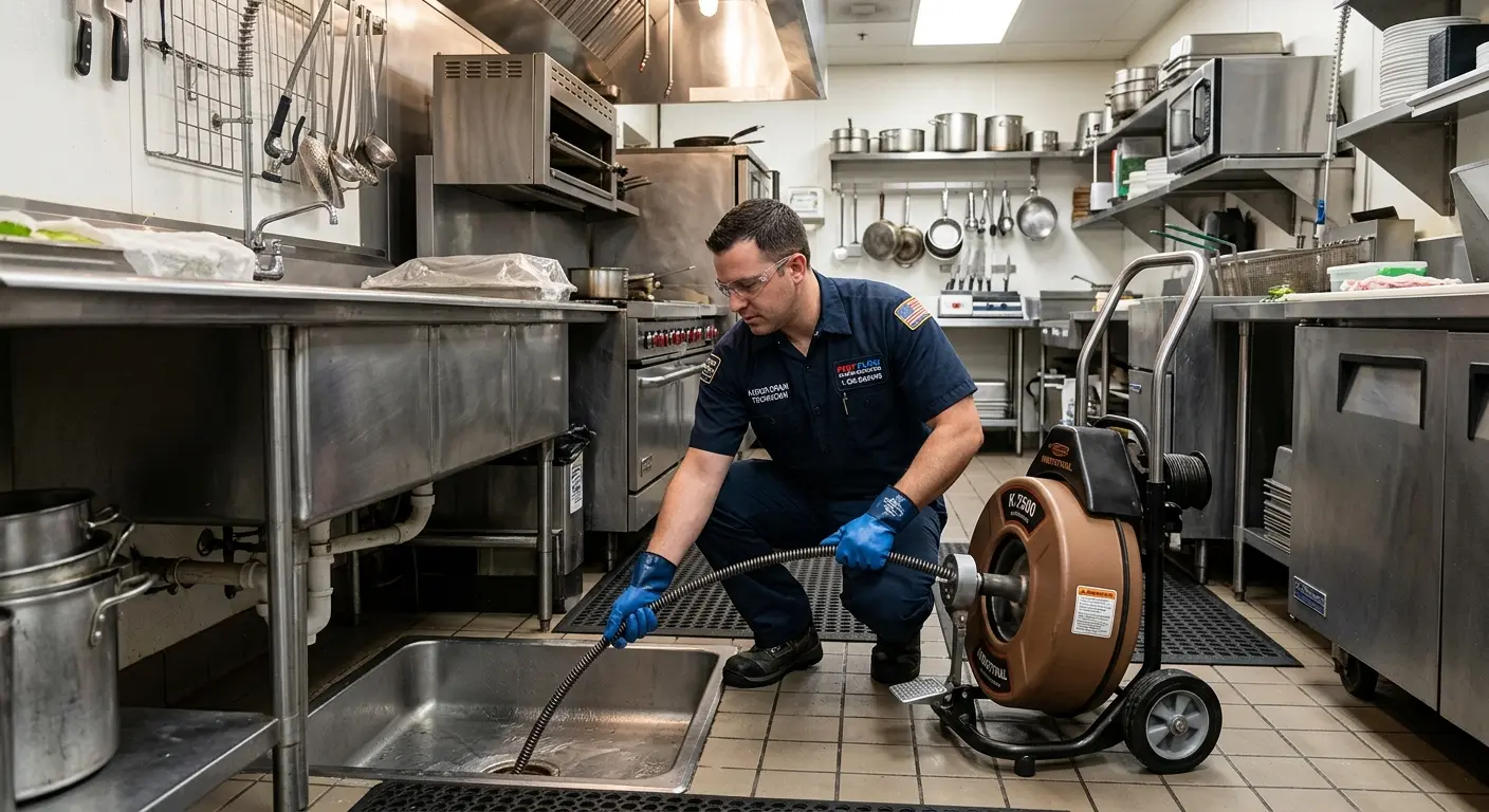 Commercial drain cleaning service in a restaurant kitchen in Clawson