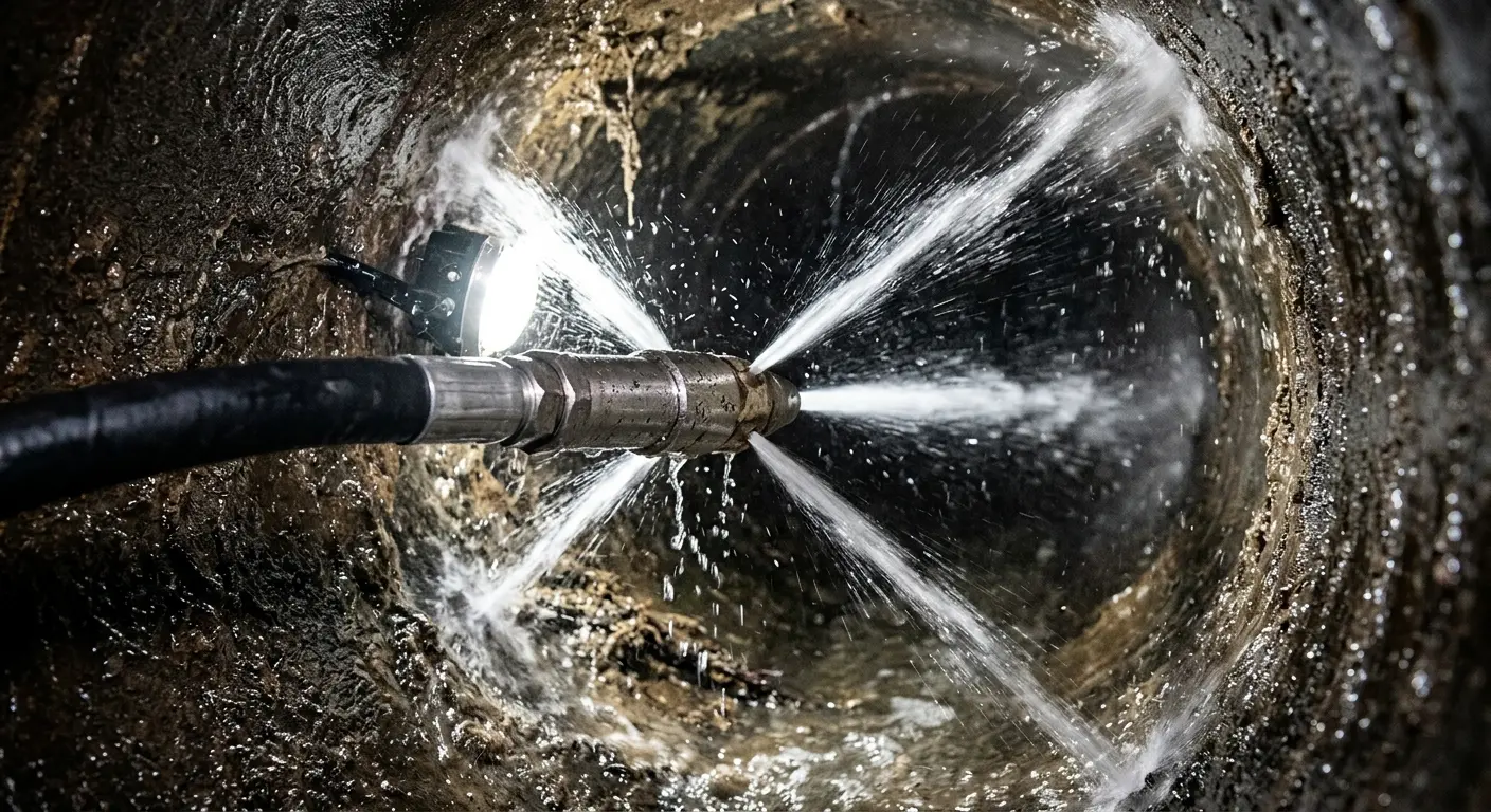 High-pressure hydro jetting nozzle cleaning sewer pipe for Sewer Cleanout in Clawson