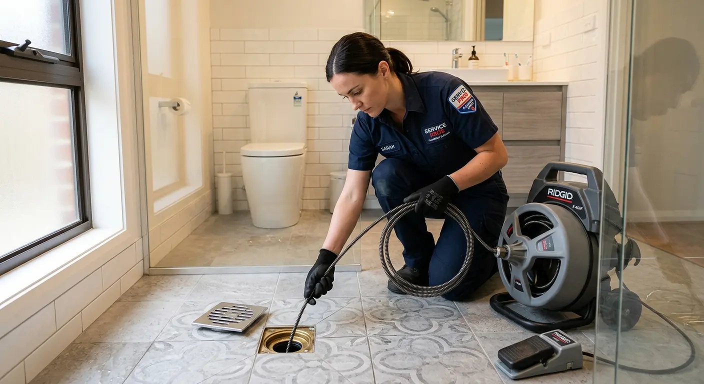 Technician clearing a bathroom floor drain for Drain Cleaning in Clawson